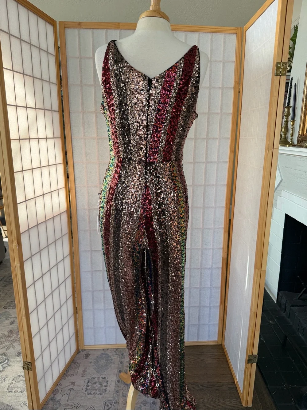 Dress the Population Strappy Rainbow Stripe Sequined Jumpsuit with V-Neck - Picture 6 of 6